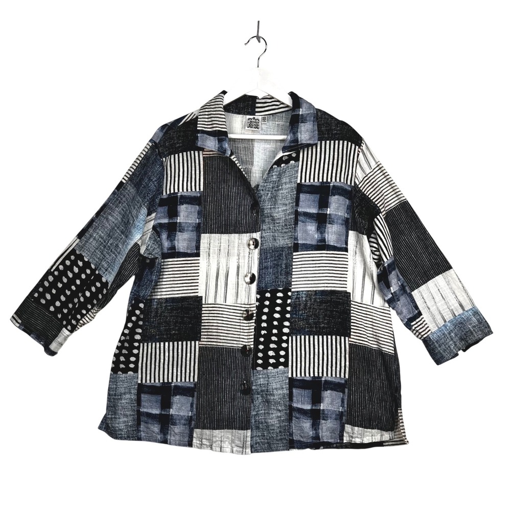 Parsley & Sage Button Down Shirt 3/4 Sleeve Women 1X 16-18 Blue Patchwork Cotton